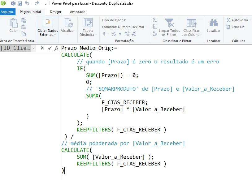 Fórmula DAX de Prazo_Medio_Orig somando o produto entre Prazo e Valor_a_Receber com SUMX