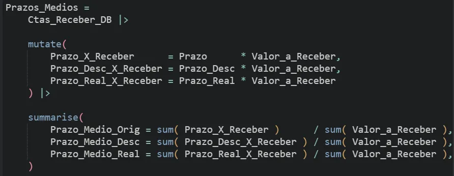 Código em R que multiplica cada prazo pelo valor a receber e usa summarise para os três prazos médios