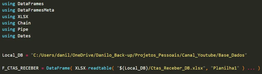 Código em Julia carregando DataFrames, XLSX, Chain e Dates e lendo a planilha Ctas_Receber_DB