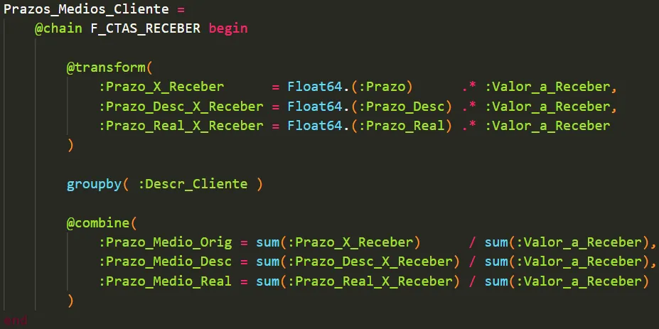Código em Julia com groupby por Descr_Cliente antes de combinar os prazos médios de cada cliente