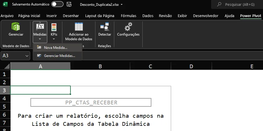 Menu Medidas aberto na aba Power Pivot do Excel, com as opções Nova Medida e Gerenciar Medidas