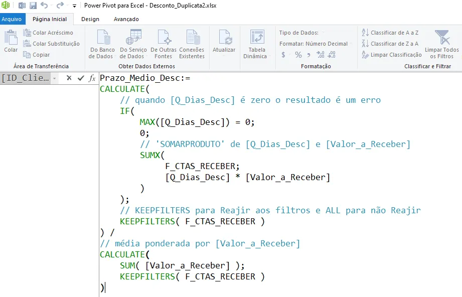 Fórmula DAX de Prazo_Medio_Desc com CALCULATE, SUMX de Q_Dias_Desc e média ponderada por Valor_a_Receber
