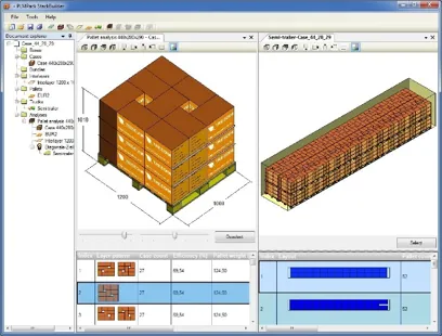 Software de paletização com pilha 3D de caixas sobre palete e simulação de carga em semirreboque