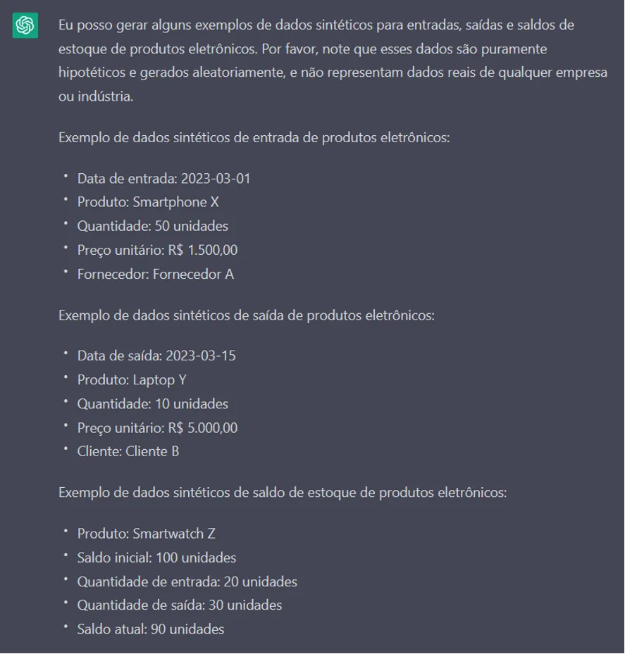 Resposta do ChatGPT com três listas de exemplo: entrada, saída e saldo de produtos eletrônicos