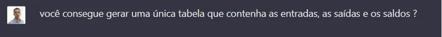 Mensagem no chat pedindo uma única tabela que reúna entradas, saídas e saldos de estoque