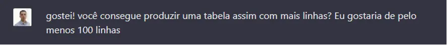 Mensagem no chat elogiando o resultado e pedindo uma tabela com pelo menos 100 linhas