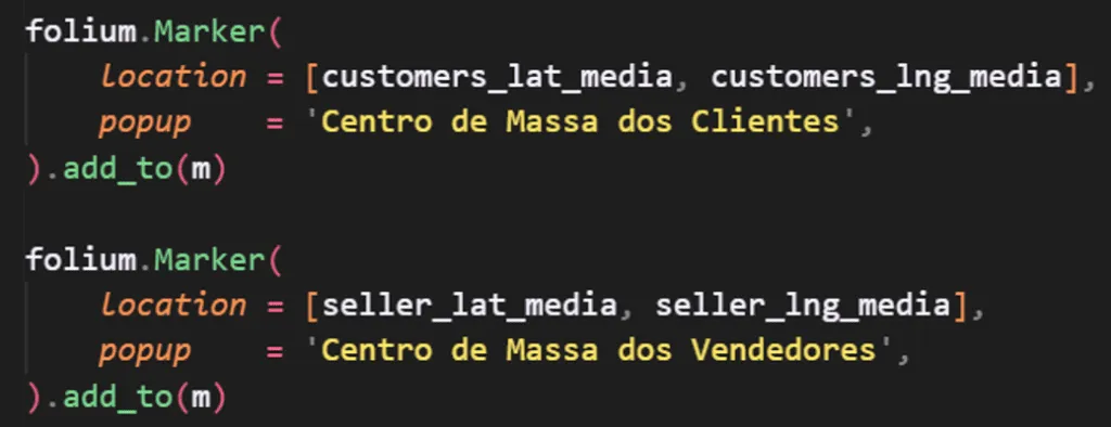 Código Python com dois folium.Marker, um para o centro de massa dos clientes e outro dos vendedores