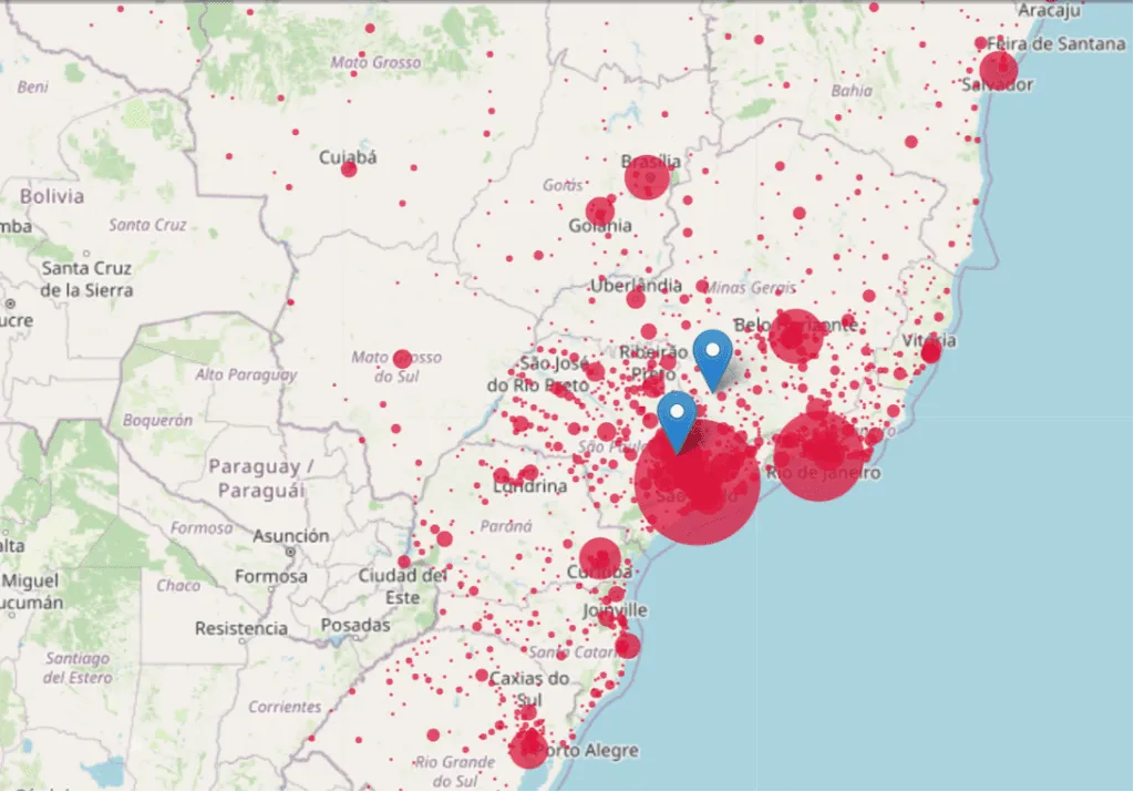 Aproximação do mapa nas regiões Sudeste, Sul e Centro-Oeste com círculos vermelhos de demanda