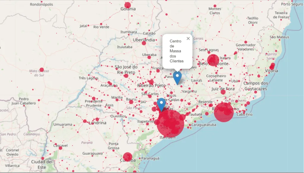Mapa aproximado com balão aberto identificando o marcador Centro de Massa dos Clientes