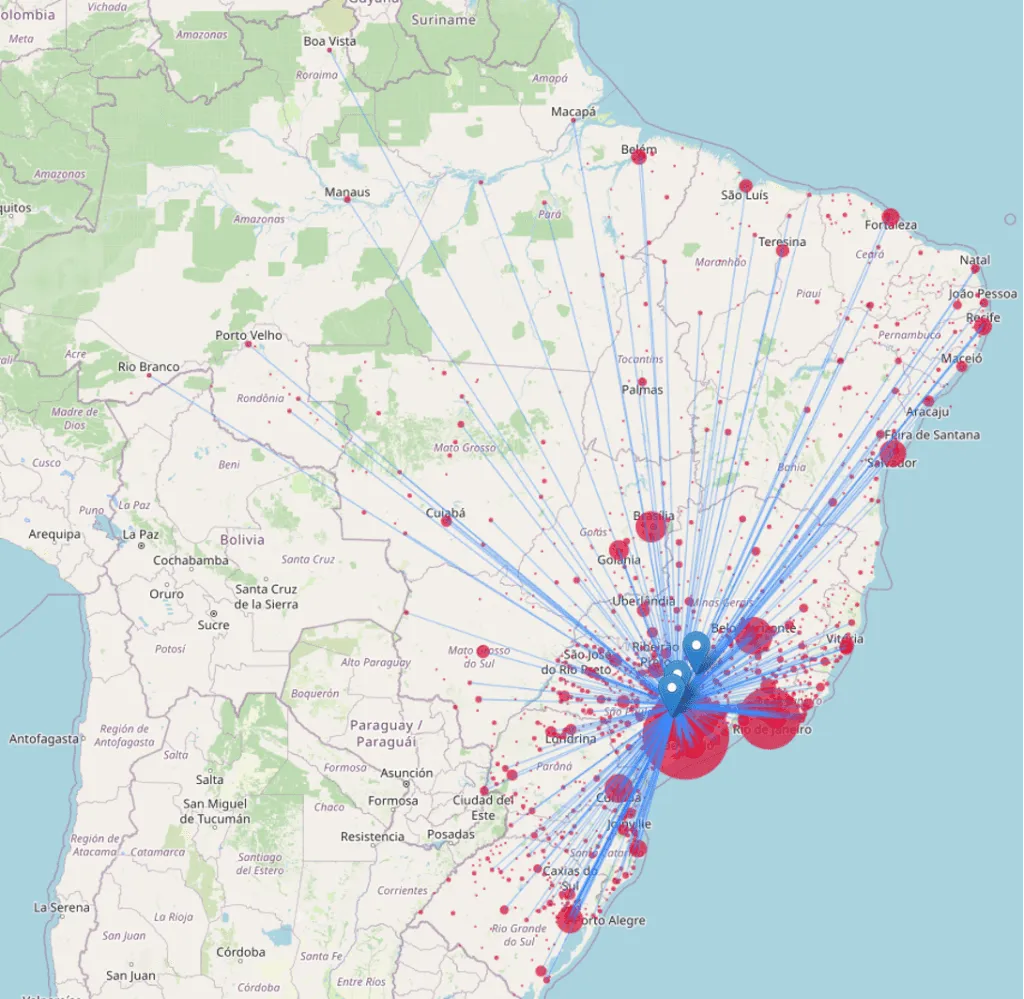 Mapa do Brasil com linhas azuis irradiando de um ponto no Sudeste até clientes de todas as regiões