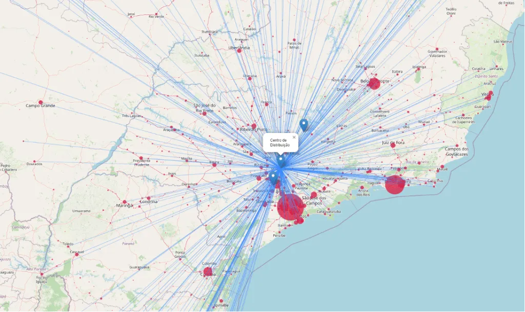 Zoom do mapa de linhas com o balão Centro de Distribuição aberto sobre o ponto de convergência