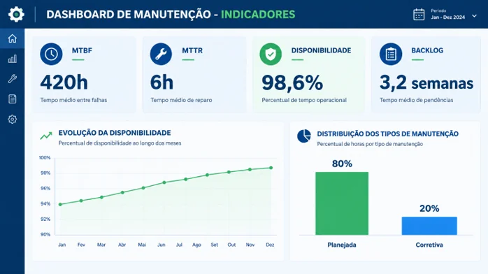 Painel de indicadores de manutenção com MTBF de 420 h, MTTR de 6 h, disponibilidade de 98,6%, backlog de 3,2 semanas e manutenção 80% planejada e 20% corretiva