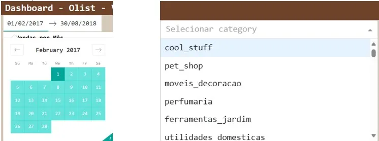 Calendário de fevereiro de 2017 aberto e lista suspensa de categorias como cool_stuff e pet_shop