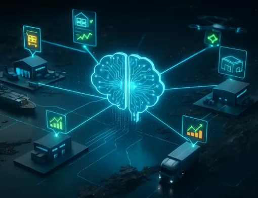 Representação visual do impacto da Inteligência Artificial na Supply Chain global.