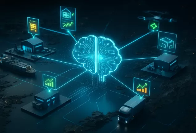 Representação visual do impacto da Inteligência Artificial na Supply Chain global.