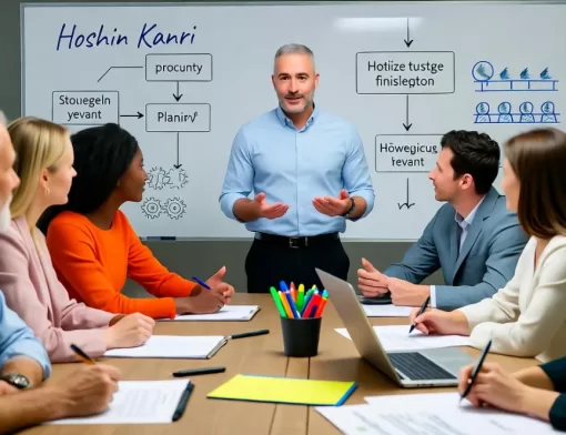 Equipe multidisciplinar em reunião estratégica com líder explicando o método Hoshin Kanri diante de quadro com fluxogramas, representando alinhamento entre planejamento e execução.
