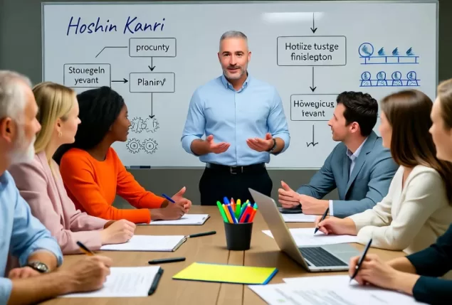 Equipe multidisciplinar em reunião estratégica com líder explicando o método Hoshin Kanri diante de quadro com fluxogramas, representando alinhamento entre planejamento e execução.