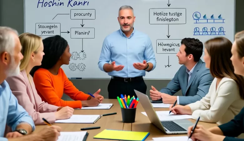 Equipe multidisciplinar em reunião estratégica com líder explicando o método Hoshin Kanri diante de quadro com fluxogramas, representando alinhamento entre planejamento e execução.
