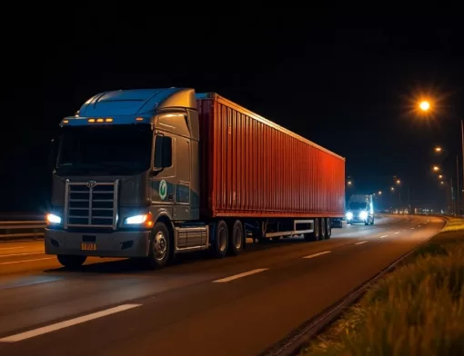 Caminhão de carga trafegando à noite em rodovia iluminada, com sistema de rastreamento ativo, representando o transporte de cargas no modelo linehaul com foco em tecnologia, segurança e eficiência logística.