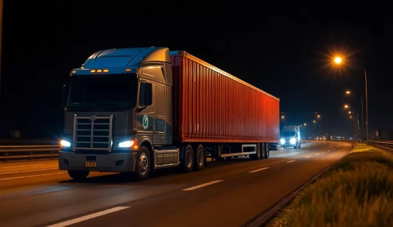 Caminhão de carga trafegando à noite em rodovia iluminada, com sistema de rastreamento ativo, representando o transporte de cargas no modelo linehaul com foco em tecnologia, segurança e eficiência logística.