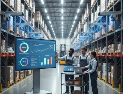 Profissional realizando a administração de materiais em um armazém organizado, utilizando um tablet para controlar o inventário e otimizar a gestão de estoque.
