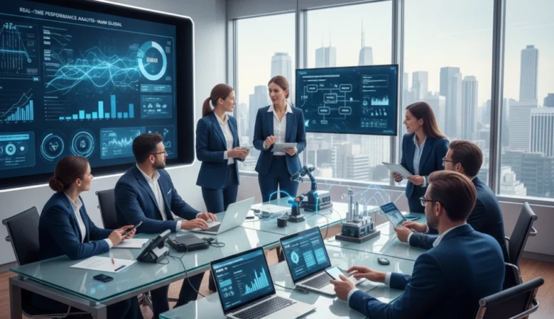 Gestão 4.0, mostrando a integração entre tecnologia, dados e pessoas para uma operação inteligente.