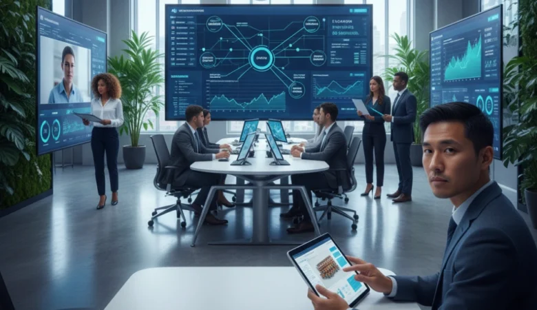 Cadeia de suprimentos integrada, mostrando a conexão digital entre fornecedores, armazém e transporte para uma gestão de suprimentos eficiente.