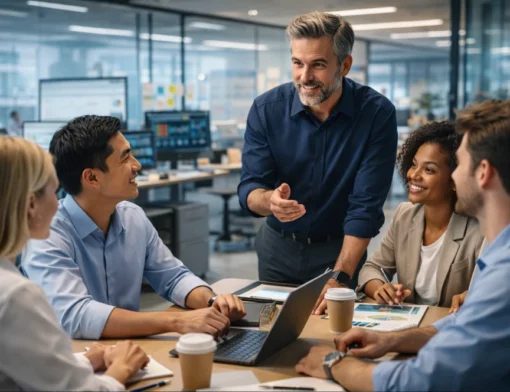 Liderança operacional eficaz com gestor orientando equipe em ambiente corporativo moderno e colaborativo.