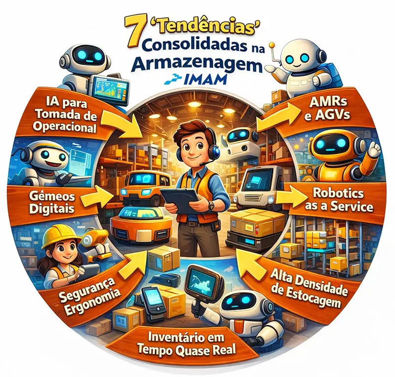 Ciclo ilustrado com as sete tendências consolidadas na armazenagem, da IA na decisão operacional aos gêmeos digitais