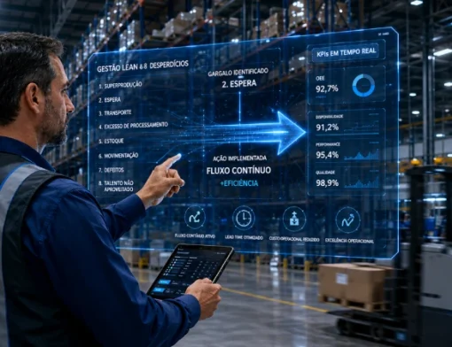 Gestor identifica o desperdício de espera entre os 8 desperdícios do Lean e acompanha OEE de 92,7%