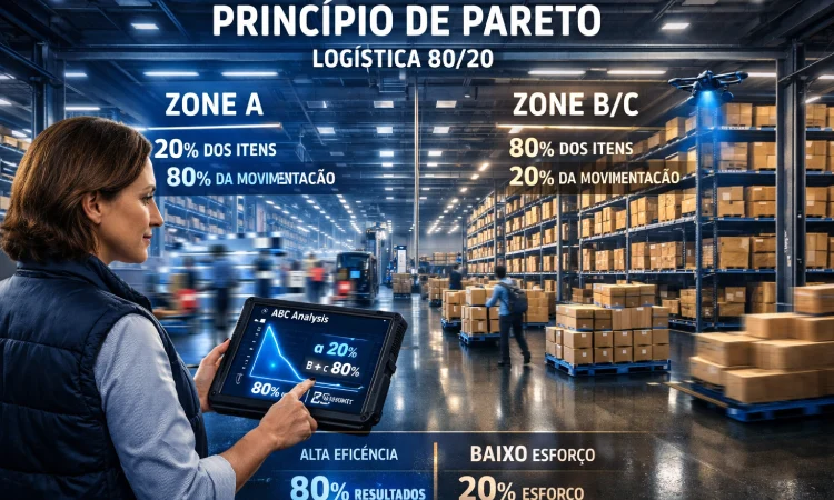 Curva ABC aplicada ao armazém: zona A concentra 20% dos itens e 80% da movimentação