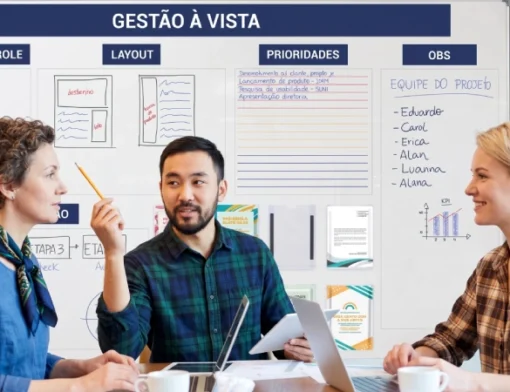 Gestor e colaborador em um armazém logístico IMAM moderno discutem dados de desempenho Lean e KPIs de produtividade exibidos em um grande display digital de "Gestão à Vista" em tempo real.