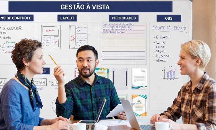Gestor e colaborador em um armazém logístico IMAM moderno discutem dados de desempenho Lean e KPIs de produtividade exibidos em um grande display digital de "Gestão à Vista" em tempo real.