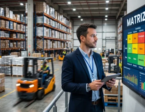 Gestor de logística analisando um painel digital da Matriz GUT em um centro de distribuição moderno com empilhadeira operando ao fundo.