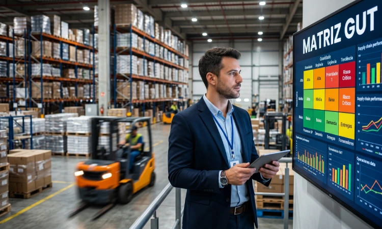 Gestor de logística analisando um painel digital da Matriz GUT em um centro de distribuição moderno com empilhadeira operando ao fundo.