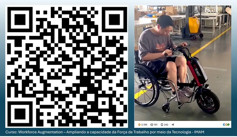 QR code do curso Workforce Augmentation ao lado de operador em cadeira de rodas motorizada na fábrica