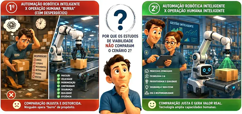 Comparação entre automação com operação humana desperdiçada e automação com gestão inteligente