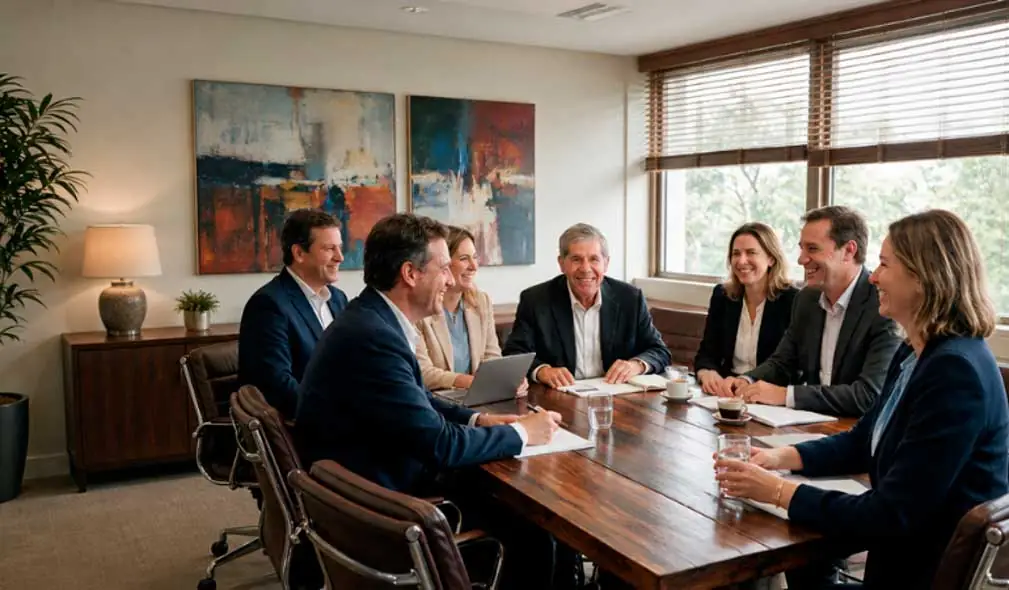 Executivos reunidos em mesa de reunião discutem decisão de redução de estoque