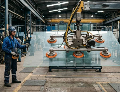 Equipamento de elevação a vácuo com ventosas industriais operado em linha de produção