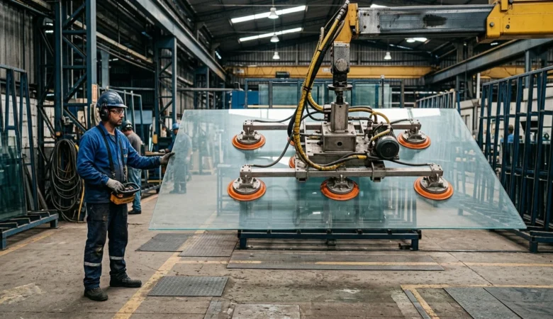 Equipamento de elevação a vácuo com ventosas industriais operado em linha de produção