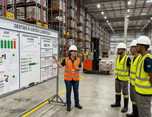 Equipe de armazém acompanha quadro de gestão à vista com indicadores de excelência operacional em centro de distribuição