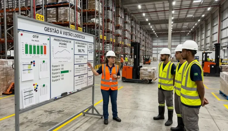 Equipe de armazém acompanha quadro de gestão à vista com indicadores de excelência operacional em centro de distribuição