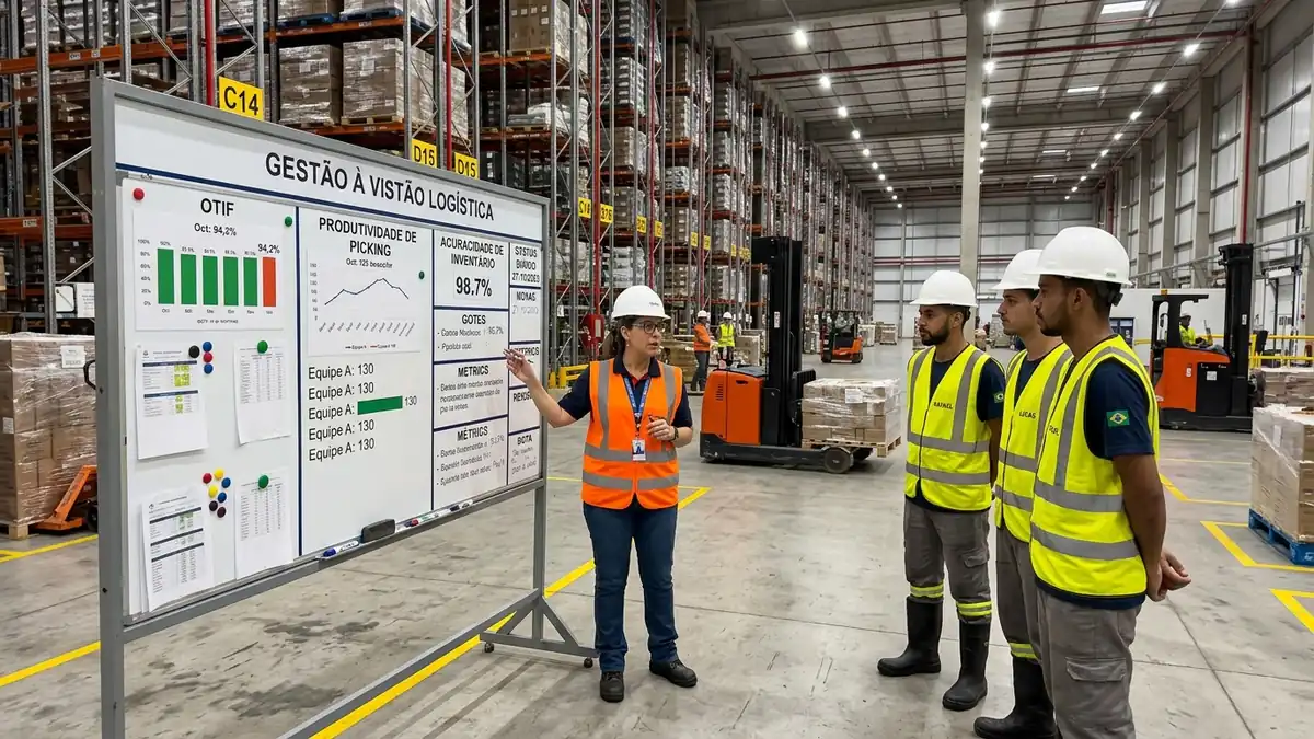 Equipe de armazém acompanha quadro de gestão à vista com indicadores de excelência operacional em centro de distribuição