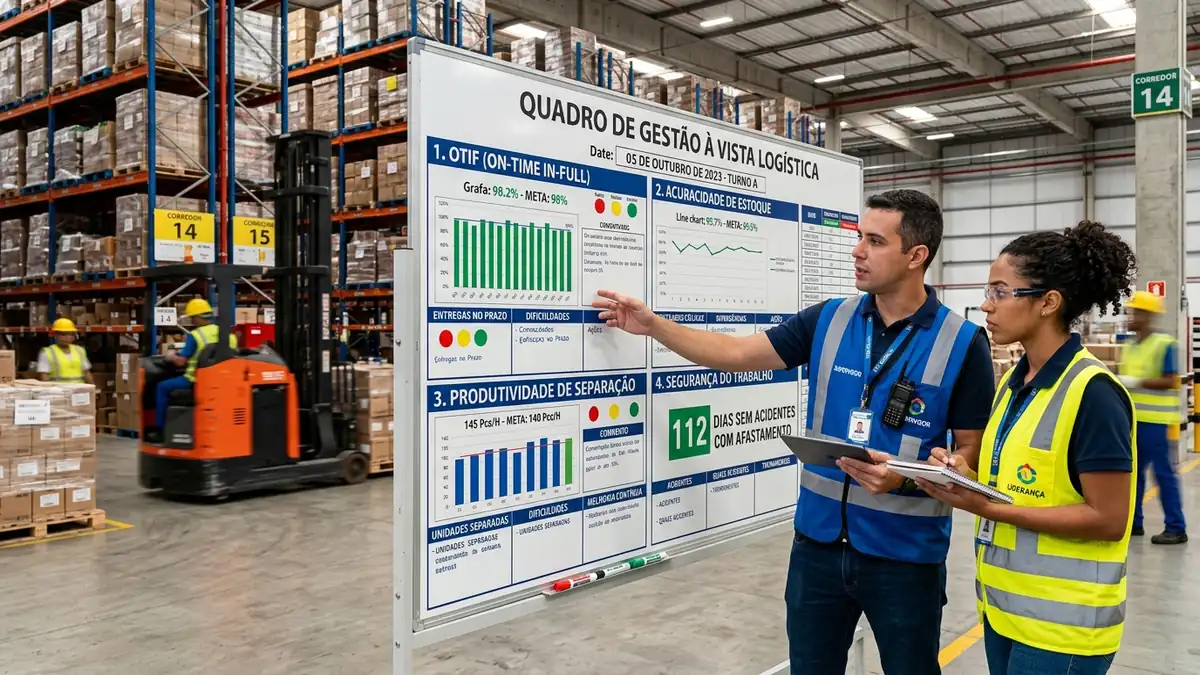 Quadro de gestão à vista com indicadores de desempenho em centro de distribuição