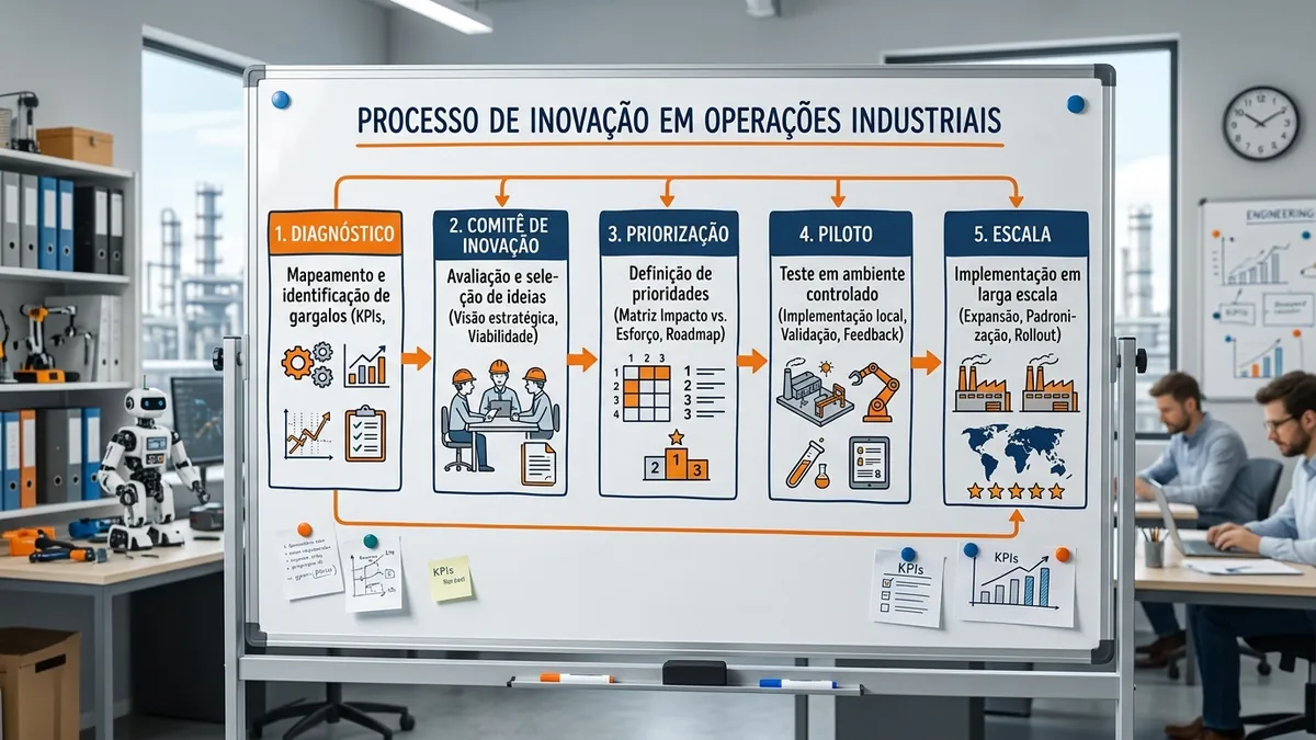 As 5 etapas do processo de gestão da inovação aplicado à operação: diagnóstico, comitê, priorização, piloto e escala