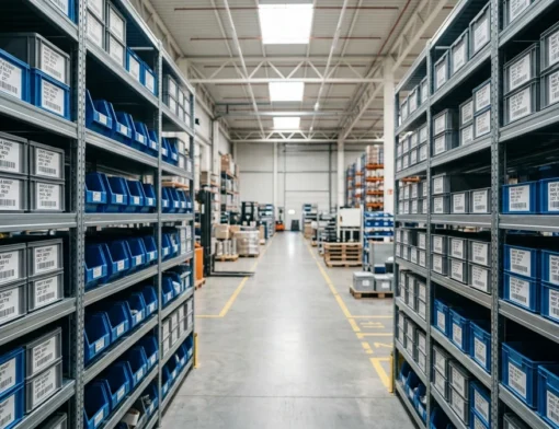 Almoxarifado industrial organizado com prateleiras metálicas, caixas etiquetadas com códigos de barras e iluminação suave