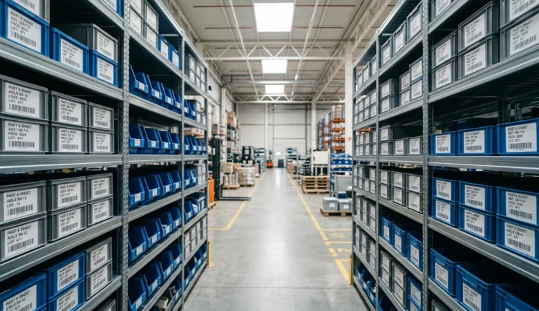 Almoxarifado industrial organizado com prateleiras metálicas, caixas etiquetadas com códigos de barras e iluminação suave