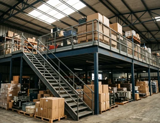 Mezanino industrial em armazém com estrutura metálica, piso resistente, escada e caixas organizadas