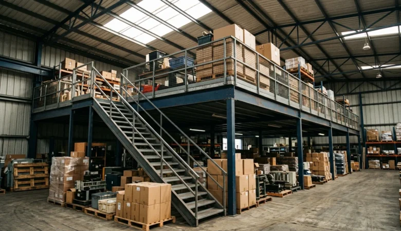 Mezanino industrial em armazém com estrutura metálica, piso resistente, escada e caixas organizadas