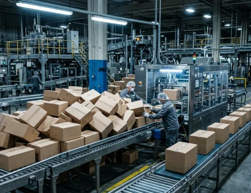 Linha de produção industrial demonstrando fluxo produtivo contínuo e sincronizado
